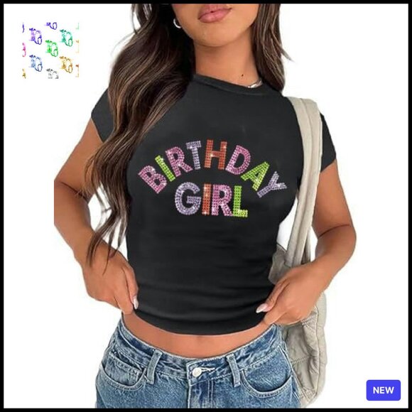 Tops - Glitter Birthday Graphic Tee Y2K Crop Top Short Sleeve Party Wear Chic